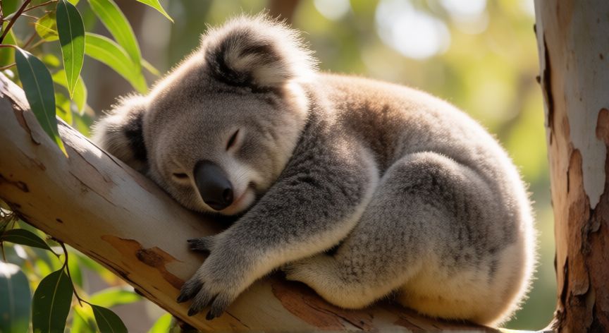 que animal duerme mas, Koala durmiendo colgado de una rama de eucalipto durante el día