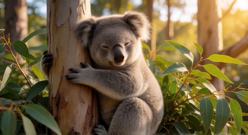 que animal duerme mas horas al dia, Koala durmiendo abrazado a un tronco de eucalipto en un bosque australiano