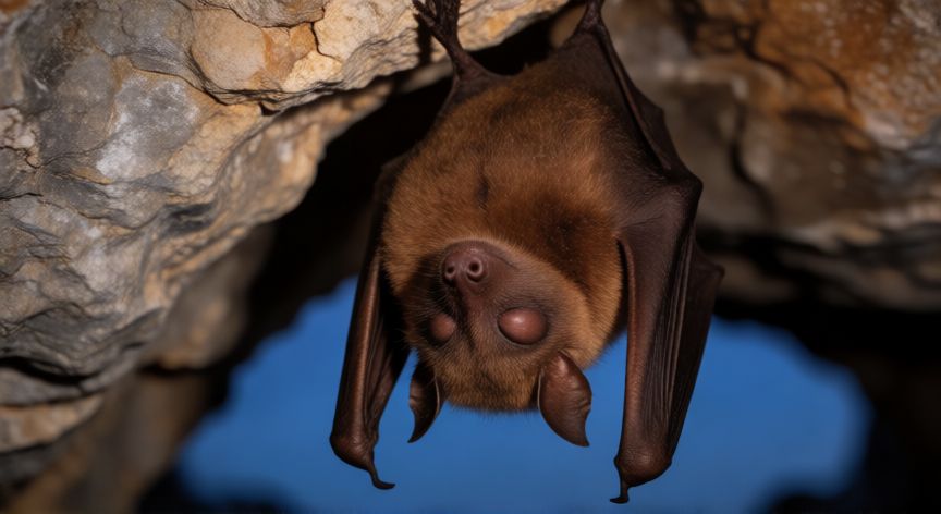 que animal duerme mas horas al dia, Murciélago pardo colgado boca abajo durmiendo en el techo de una cueva