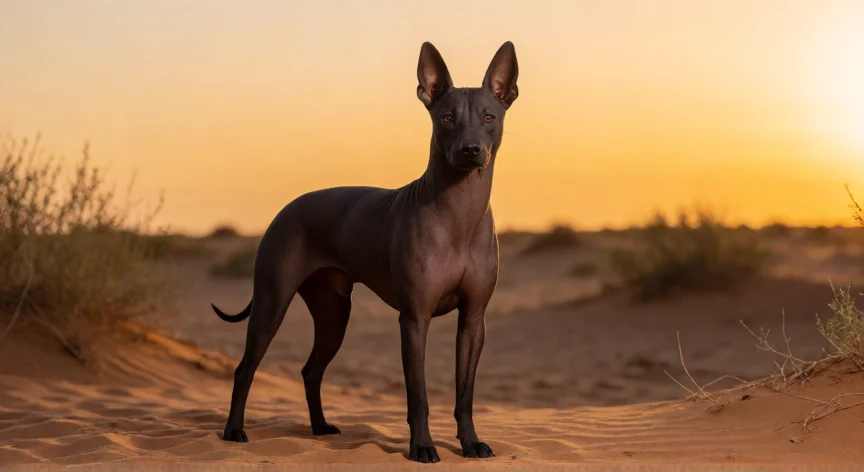 Xoloitzcuintle, perro azteca de piel desnuda en paisaje desértico al atardecer