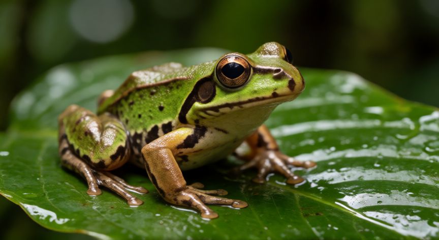 qué animal empieza con x, Rana Xenopus sobre una hoja húmeda en un bosque tropical
