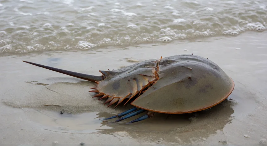qué animal empieza con x, Cangrejo herradura (xifosuro) en la orilla del mar con marea baja