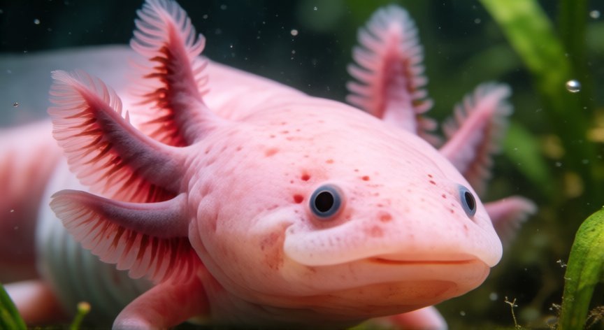 que animal es, Primer plano de un axolote rosado con branquias externas