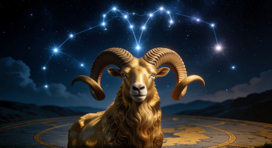 que animal es aries, Carnero dorado con cuernos curvados bajo el cielo de la constelación de Aries