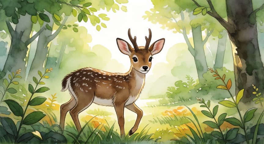 que animal es bambi, Cervatillo de corzo en un bosque soleado, estilo ilustración infantil