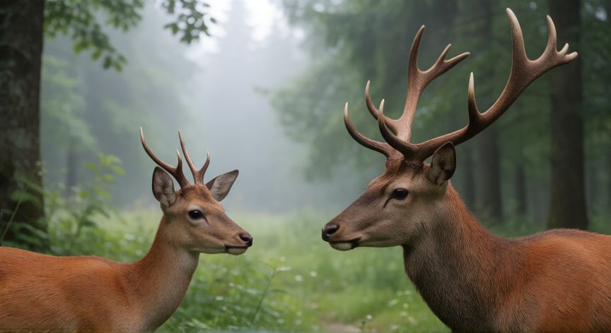 que animal es bambi, Comparación entre un corzo pequeño y un ciervo común grande en el bosque