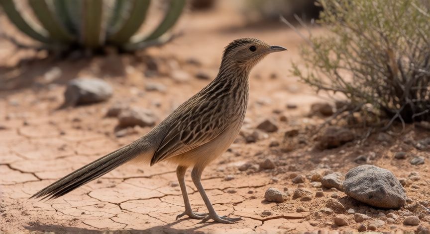 que animal es el correcaminos, Correcaminos de color pardo con patas largas sobre suelo seco del desierto