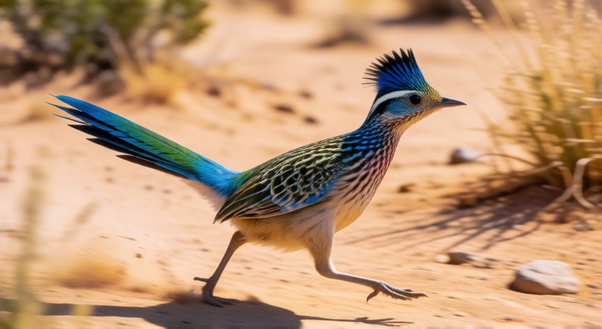 que animal es el correcaminos, Correcaminos colorido corriendo rápidamente por un sendero del desierto