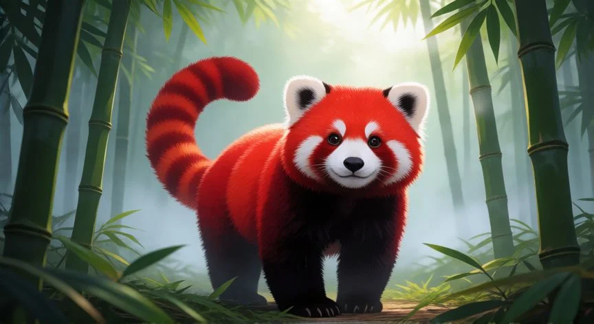 Panda rojo en un bosque de bambu con luz suave