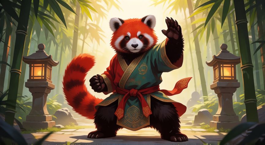 que animal es el maestro shifu, Maestro Shifu como panda rojo en un patio de templo con bambu