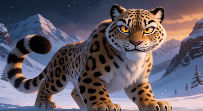que animal es kai de kung fu panda, Leopardo de las nieves animado estilo Kung Fu Panda en una montaña nevada
