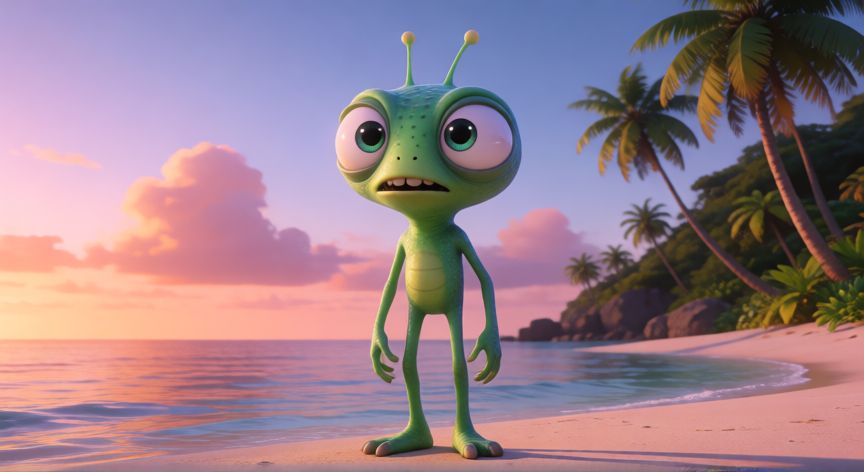 que animal es kevin de up, Kevin alienígena verde con patas largas y ojos grandes en una isla tropical