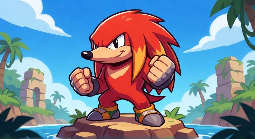 Personaje de videojuego tipo equidna roja con púas y punos grandes en una isla