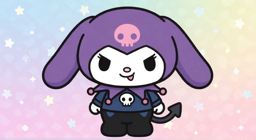 que animal es kuromi, Ilustración estilo Sanrio de Kuromi como coneja demoníaca con capucha morada y sonrisa traviesa
