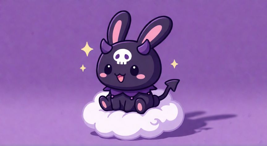 que animal es kuromi, Coneja demoníaca kawaii de Kuromi sentada sobre una nube con estética japonesa oscura y tierna