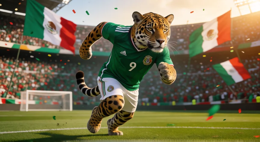 Jaguar con uniforme verde y blanco de México, número 9, en un estadio lleno de aficionados