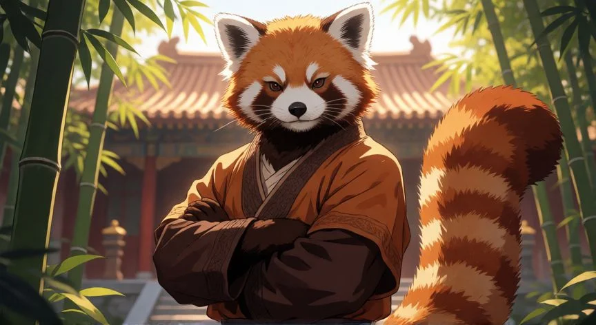 Shifu de Kung Fu Panda como panda rojo en un patio de templo