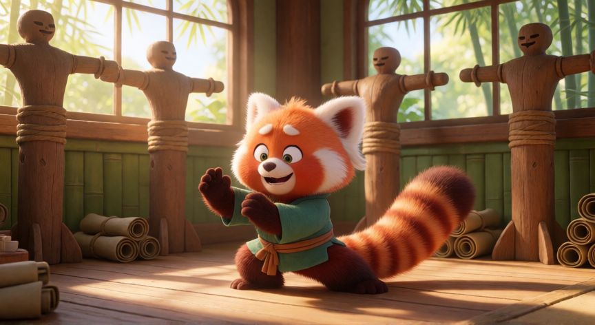 que animal es shifu de kung fu panda, Panda rojo enseñando kung fu en un dojo animado
