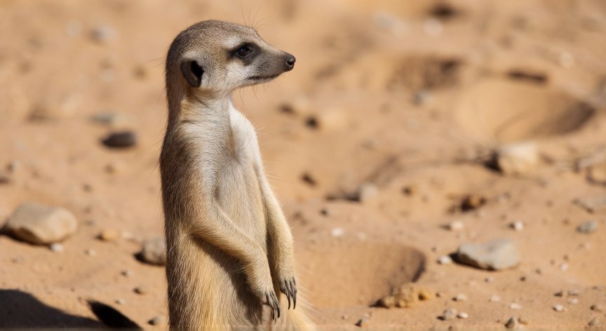 que animal es timon, Suricato real en posición de vigilancia en el desierto