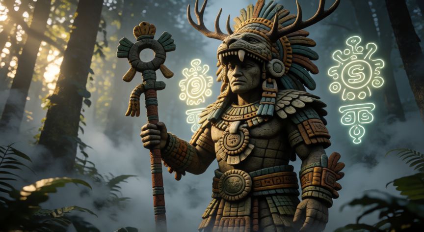 Representación artística del dios azteca Xilón con atributos de venado y jaguar