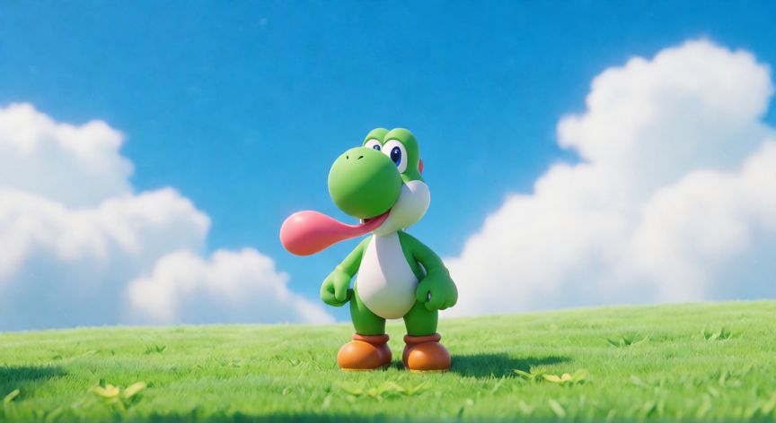 Yoshi de pie en un campo del Reino Champiñón bajo el sol