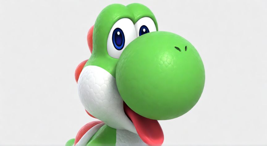 que animal es yoshi, Primer plano de la cabeza y cuello de Yoshi con su lengua extendida