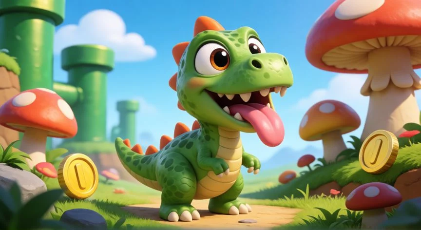 Yoshi el dinosaurio verde en el reino seta de Mario