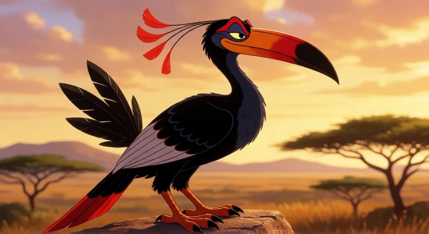 Zazu el ave real de El Rey León en la sabana africana