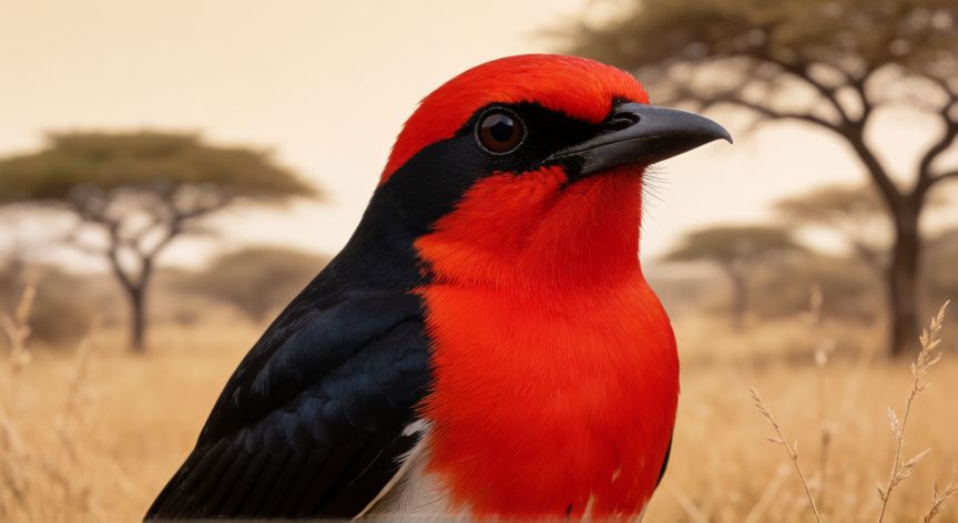 que animal es zazu, Primer plano de ave con pecho rojo y alas negras en la sabana