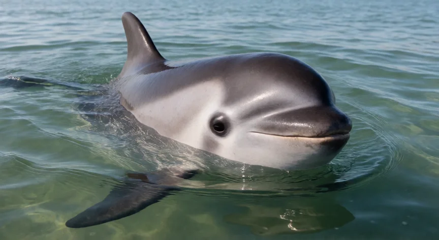 Vaquita marina nadando en aguas poco profundas del Golfo de California