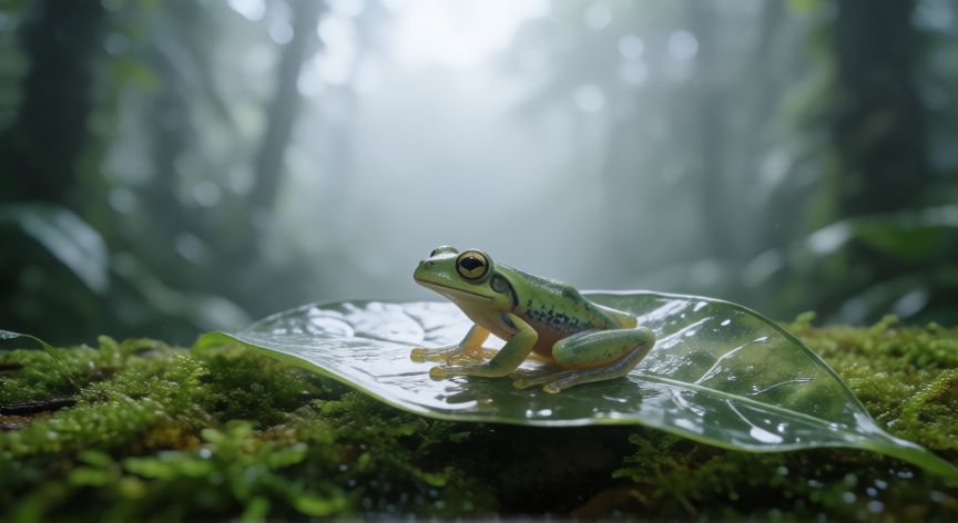qué animal está en peligro de extinción, Rana de cristal en bosque nuboso con vegetación húmeda