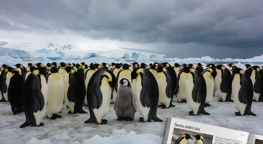 qué animal está en peligro de extinción, Colonia de pingüinos emperador sobre hielo antártico en retroceso