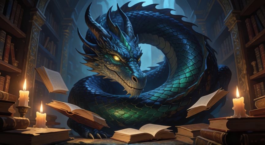 que animal fantastico eres, dragón sabio en una biblioteca mítica