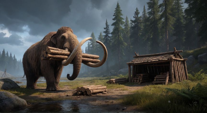 que animal farmea madera en ark, Mammoth transportando troncos de madera cerca de un bosque en ARK