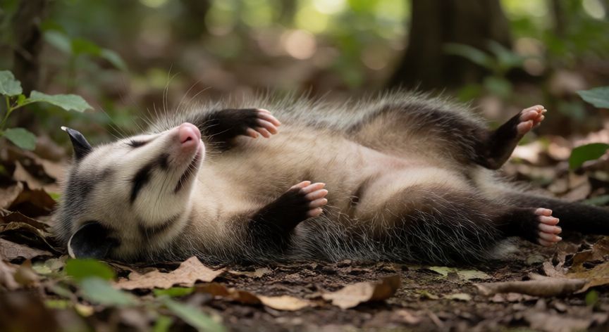 que animal finge estar muerto, Tejón de Virginia fingiendo estar muerto en el suelo del bosque