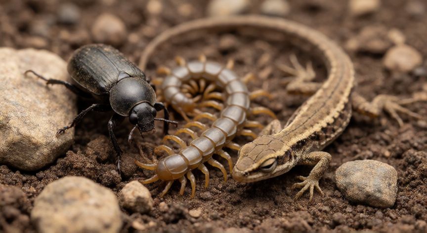 que animal finge estar muerto, Insectos y una lagartija en postura de fingir la muerte sobre el suelo natural
