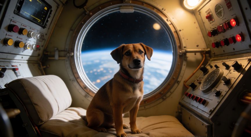 Laika, la primera perrita en orbitar la Tierra, dentro de una nave espacial histórica