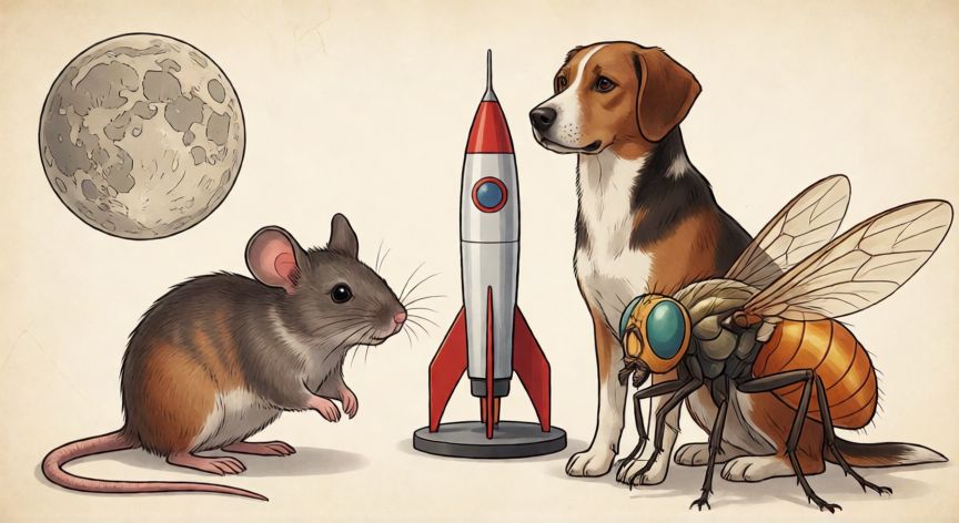 que animal fue el primero en ir a la luna, Ilustración educativa con animales que viajaron al espacio y una maqueta de la Luna