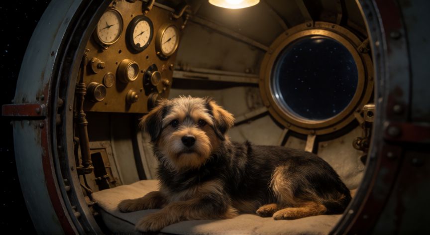 Laika la perra soviética dentro de la cápsula del Sputnik 2 mirando por el pequeño ojo de buehela hacia el espacio estrellado