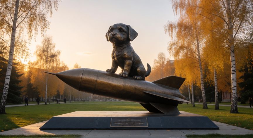 que animal fue el primero en ir al espacio, Estatua de bronce de Laika la perra astronauta sentada sobre un cohete en un parque de Moscú durante la hora dorada