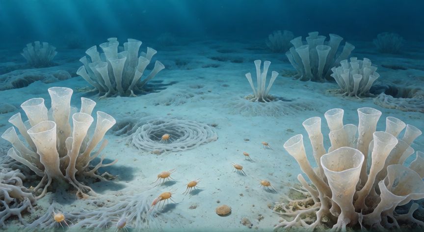 Ilustración de los primeros organismos animales marinos primitivos en el fondo oceánico