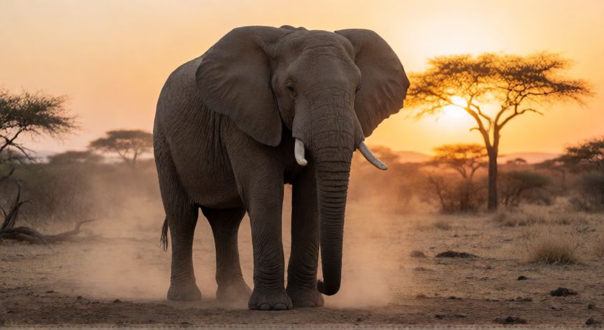 que animal ganaria en una pelea, Elefante africano en la sabana al atardecer mostrando fuerza y presencia dominante