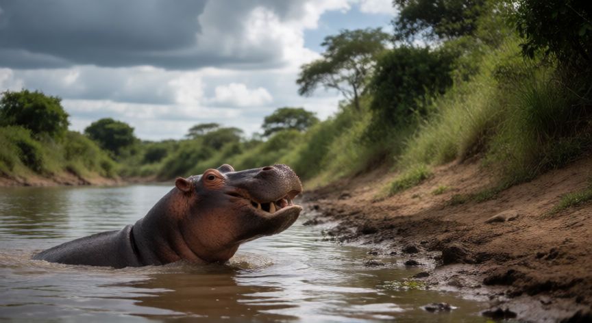 que animal ganaria en una pelea, Hipopótamo emergiendo del agua en una orilla salvaje con vegetación densa y cielo dramático