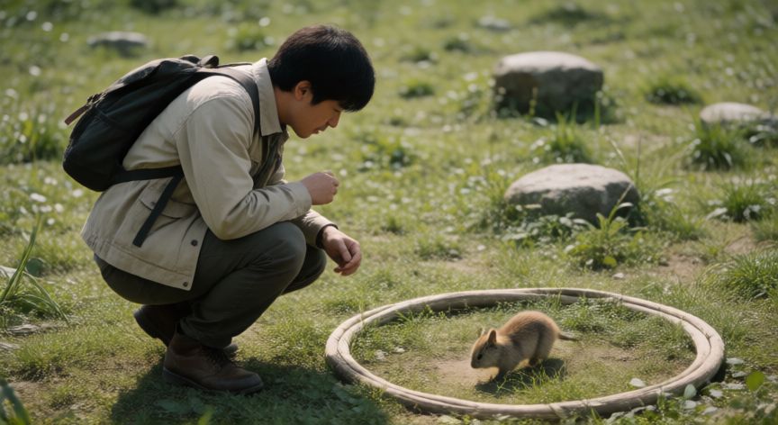 Naturalista observando un animal que se mueve en circulos en un campo
