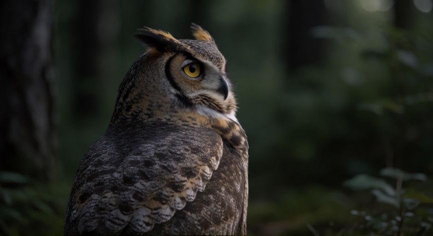 que animal gira la cabeza 360 grados, Búho girando la cabeza hacia atrás en un bosque nocturno