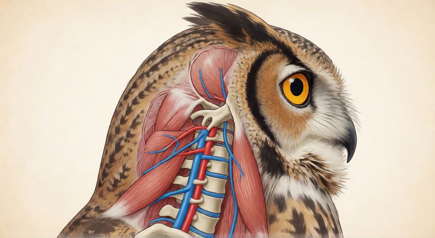 que animal gira la cabeza 360 grados, Anatomía del cuello de un búho que permite la rotación extrema de la cabeza