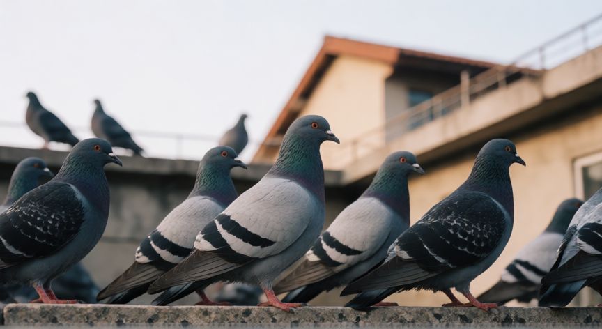 que animal grazna, Grupo de palomas posadas en una cornisa de edificio