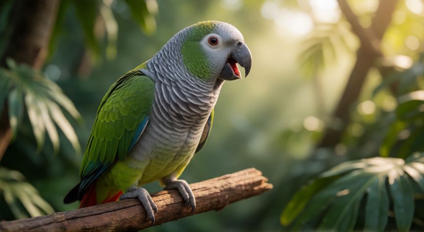 que animal grita como humano, Loro gris imitando la voz humana en un entorno natural