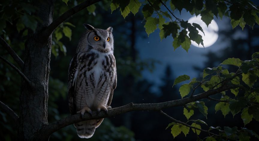que animal grita de noche, Búho posado en una rama de noche en el bosque