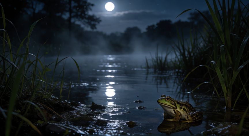 que animal grita de noche, Hábitat nocturno con ranas y vegetación junto a agua bajo la luna